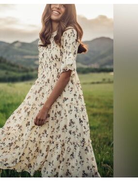 Jessakae Cream Floral Tiered Midi Dress - Women's Smocked Waist